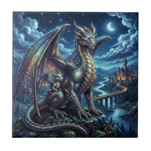 Moonlit Celestial Father and Son Dragons Tile
