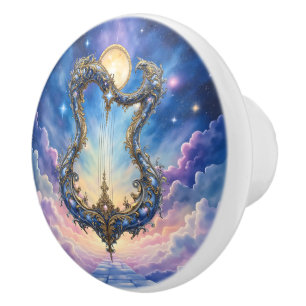 Moonlit Celestial Harp – Dreamy Cosmic Fantasy Art Ceramic Knob