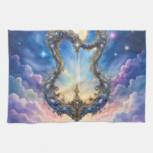 Moonlit Celestial Harp – Dreamy Cosmic Fantasy Art Tea Towel