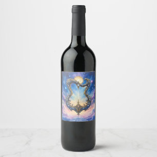 Moonlit Celestial Harp – Dreamy Cosmic Fantasy Art Wine Label