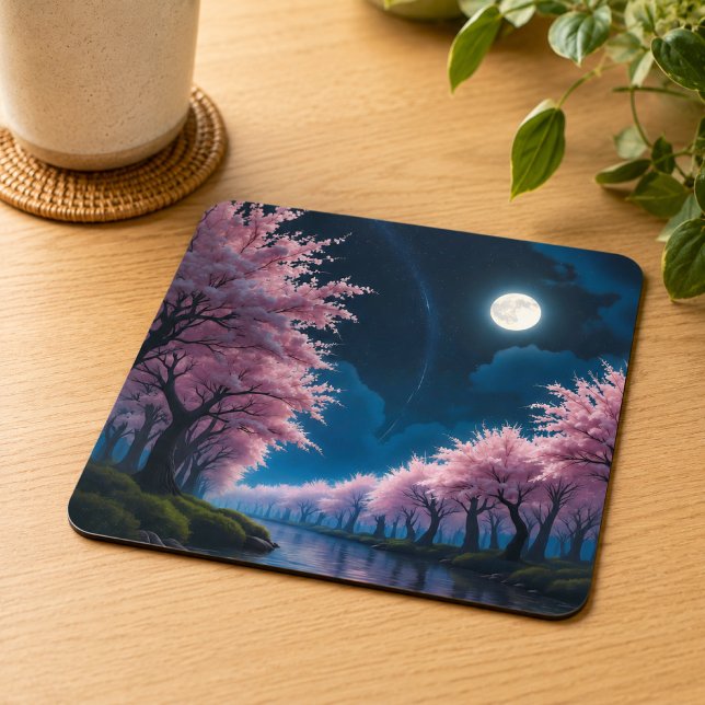 Moonlit Cherry Blossom Anime Landscape Square Paper Coaster (Creator Uploaded)