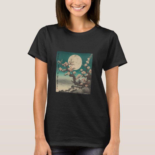 Moonlit Cherry Blossom Night Japanese Scene T-Shirt (Front)