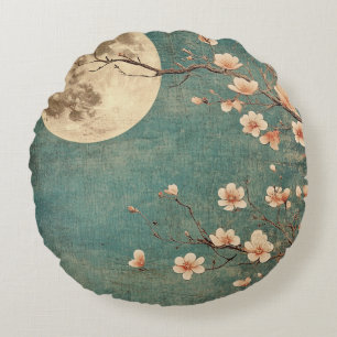Moonlit Cherry Blossom Serenity Round Cushion