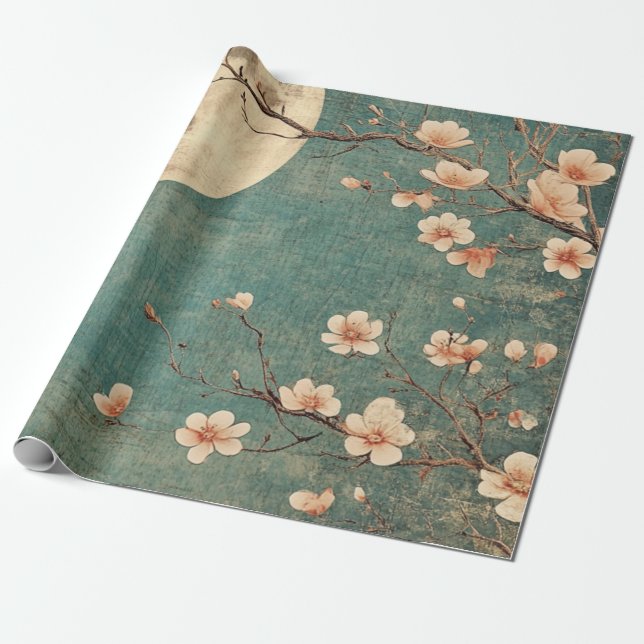 Moonlit Cherry Blossom Serenity Wrapping Paper (Unrolled)