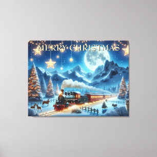 Moonlit Christmas Train with Forest Animals Canvas Print