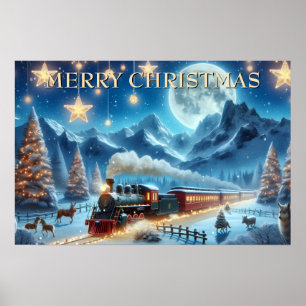 Moonlit Christmas Train with Forest Animals Poster