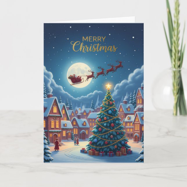 Moonlit Christmas Village — Holiday Greeting Card (Front)