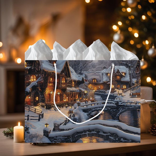 Moonlit Christmas Village Winter Scene Holiday Large Gift Bag (Creator Uploaded)