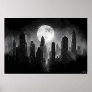Moonlit City Skyline with Full Moon - Black White Poster