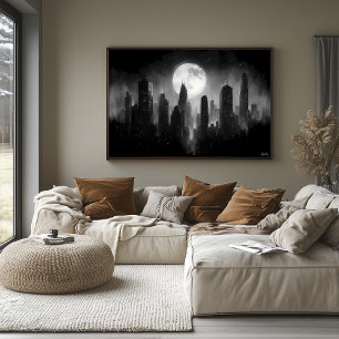 Moonlit City Skyline with Full Moon - Black White Poster