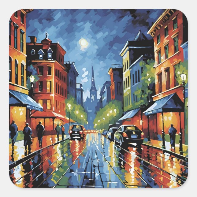 Moonlit City Street Square Sticker (Front)