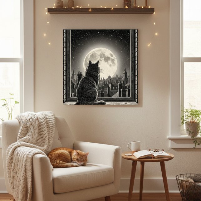 Moonlit Cityscape Cat Poster Black & White Noir  (Creator Uploaded)