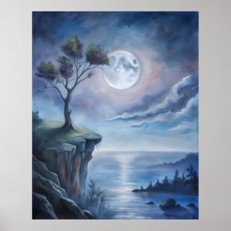 Moonlit Cliffside beautiful  Poster