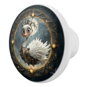 Moonlit Clockwork Swan – Keeper of Curious Dreams. Ceramic Knob