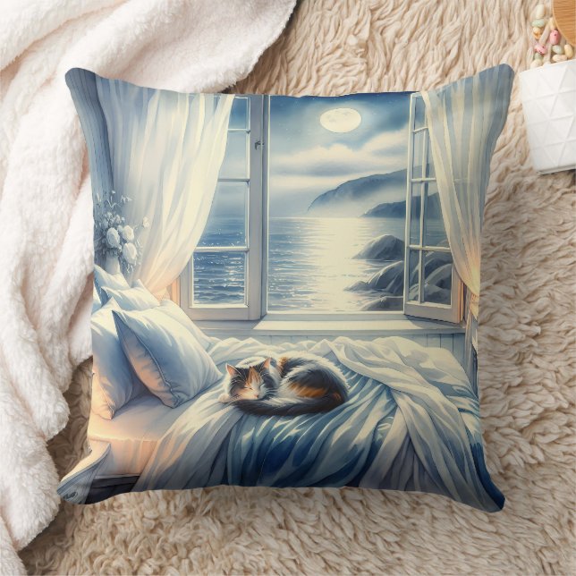 Moonlit Coastal Bedroom with Sleeping Cat Cushion (Blanket)