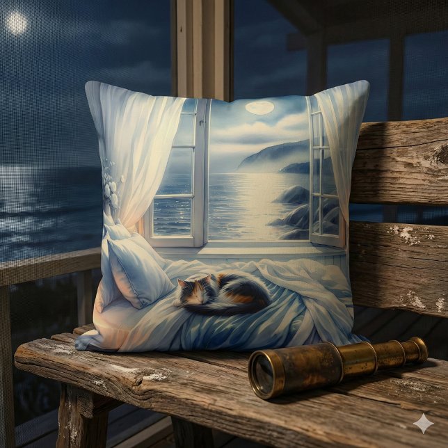 Moonlit Coastal Bedroom with Sleeping Cat Cushion (Moonlit Coastal Bedroom with Sleeping Cat Throw Pillow Mockup A)