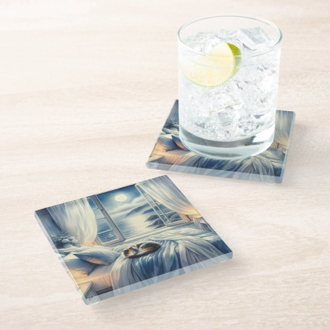 Moonlit Coastal Bedroom with Sleeping Cat Glass Coaster (Angled)