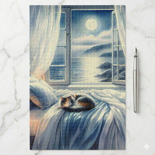Moonlit Coastal Bedroom with Sleeping Cat Jigsaw Puzzle