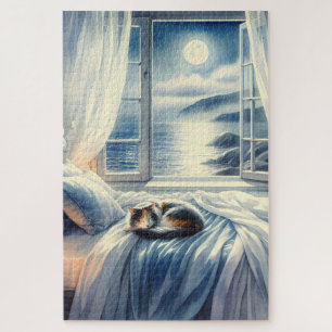 Moonlit Coastal Bedroom with Sleeping Cat Jigsaw Puzzle