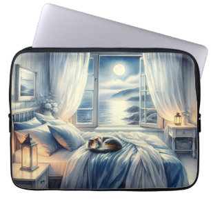 Moonlit Coastal Bedroom with Sleeping Cat Laptop Sleeve