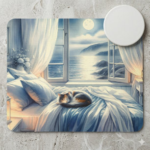 Moonlit Coastal Bedroom with Sleeping Cat Mouse Mat