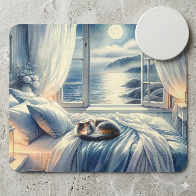 Moonlit Coastal Bedroom with Sleeping Cat Mouse Mat (Moonlit Coastal Bedroom with Sleeping Cat Mouse Pad)