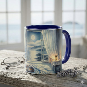 Moonlit Coastal Bedroom with Sleeping Cat Mug