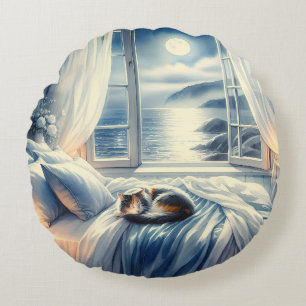 Moonlit Coastal Bedroom with Sleeping Cat Round Cushion
