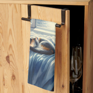 Moonlit Coastal Bedroom with Sleeping Cat Tea Towel