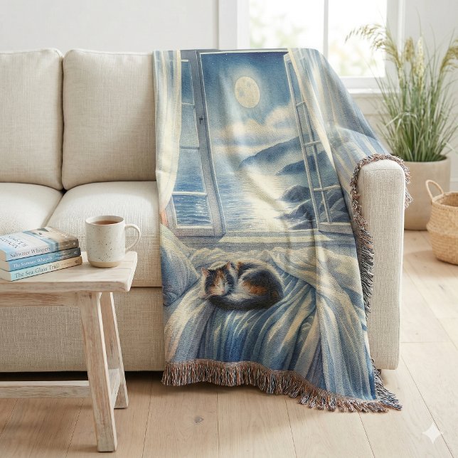 Moonlit Coastal Bedroom with Sleeping Cat Throw Blanket (Moonlit Coastal Bedroom with Sleeping Cat Throw Blanket)