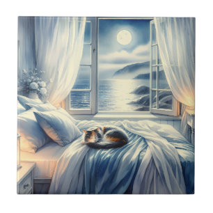 Moonlit Coastal Bedroom with Sleeping Cat Tile