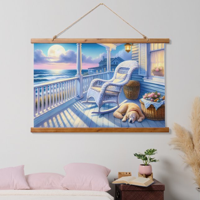 Moonlit Coastal Porch with Dog & Ocean View Hanging Tapestry (Bedroom)