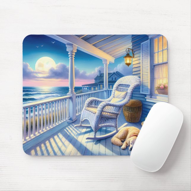 Moonlit Coastal Porch with Dog & Ocean View Mouse Mat (With Mouse)