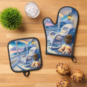 Moonlit Coastal Porch with Dog & Ocean View Oven Mitt & Pot Holder Set