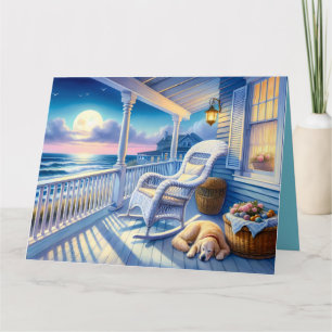 Moonlit Coastal Porch with Dog & Ocean View Thank You Card