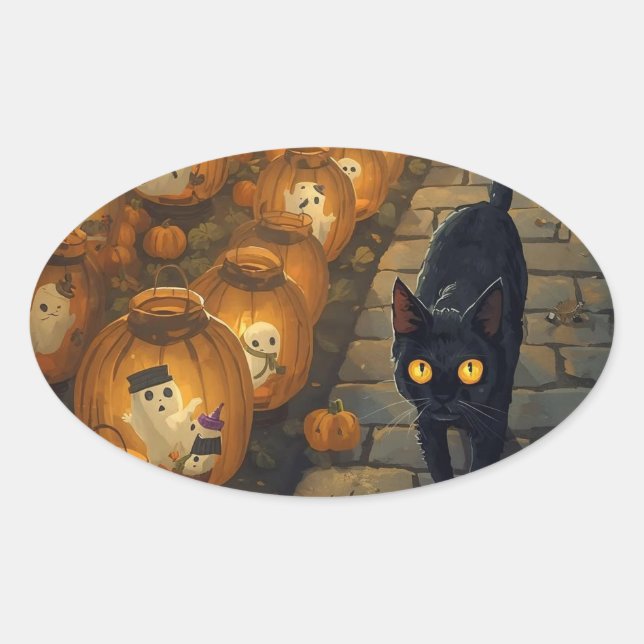 Moonlit Companions – Halloween Night Oval Sticker (Front)