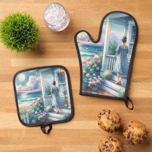Moonlit Cottage Porch by the Sea Oven Mitt & Pot Holder Set