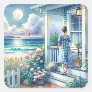 Moonlit Cottage Porch by the Sea Square Sticker