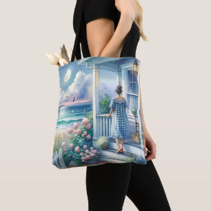 Moonlit Cottage Porch by the Sea Tote Bag