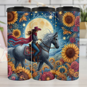Moonlit Cowgirl Sunflower Horse Ride Thermal Tumbler