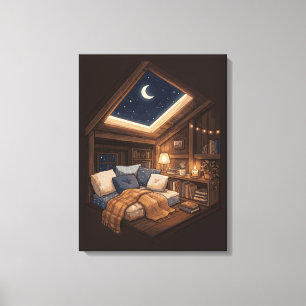 Moonlit Cozy Cabin Reading Nook Illustration Canvas Print