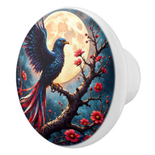 Moonlit Crimsonwing – Mystical Fantasy Bird. Ceramic Knob