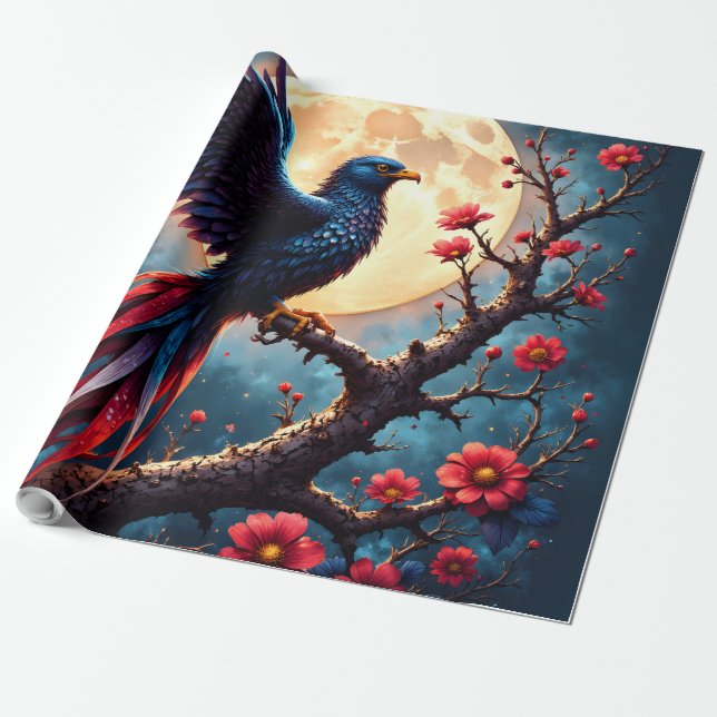 Moonlit Crimsonwing – Mystical Fantasy Bird. Wrapping Paper (Unrolled)