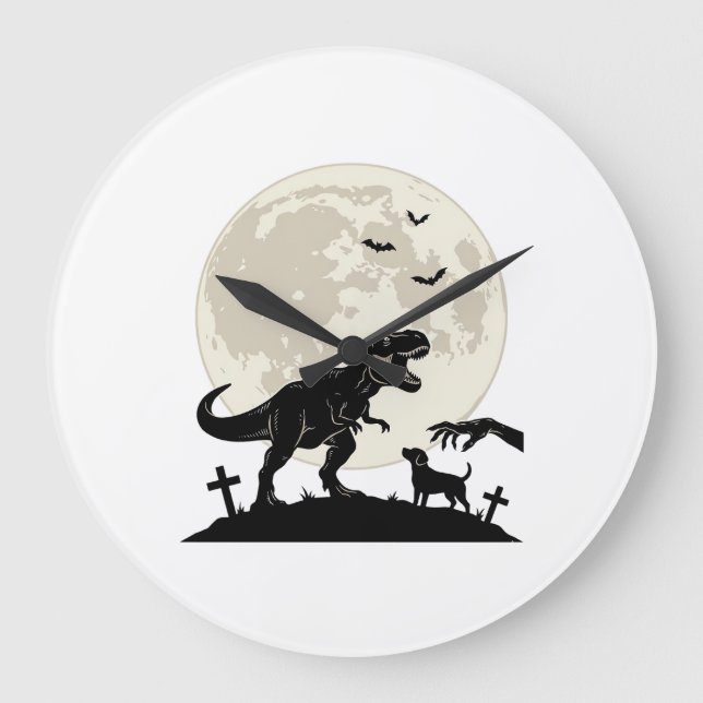 Moonlit Dinosaur Dog Graveyard Silhouette Shirt_1 Large Clock (Front)