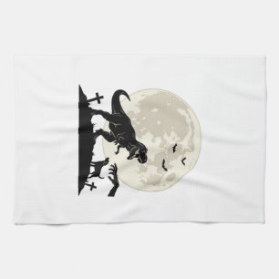 Moonlit Dinosaur Dog Graveyard Silhouette Shirt_1 Tea Towel