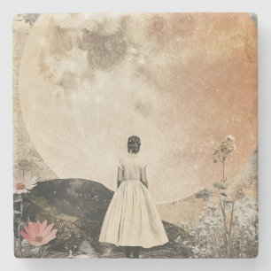 Moonlit Elegance - Back View of Woman with Moon 2 Stone Coaster