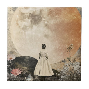 Moonlit Elegance - Back View of Woman with Moon 2 Tile