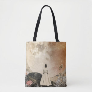 Moonlit Elegance - Back View of Woman with Moon 2 Tote Bag