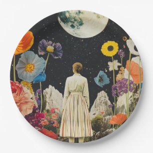 Moonlit Elegance - Back View of Woman with Moon 3 Paper Plate