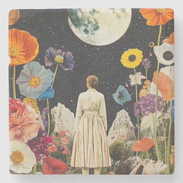 Moonlit Elegance - Back View of Woman with Moon 3 Stone Coaster (Front)